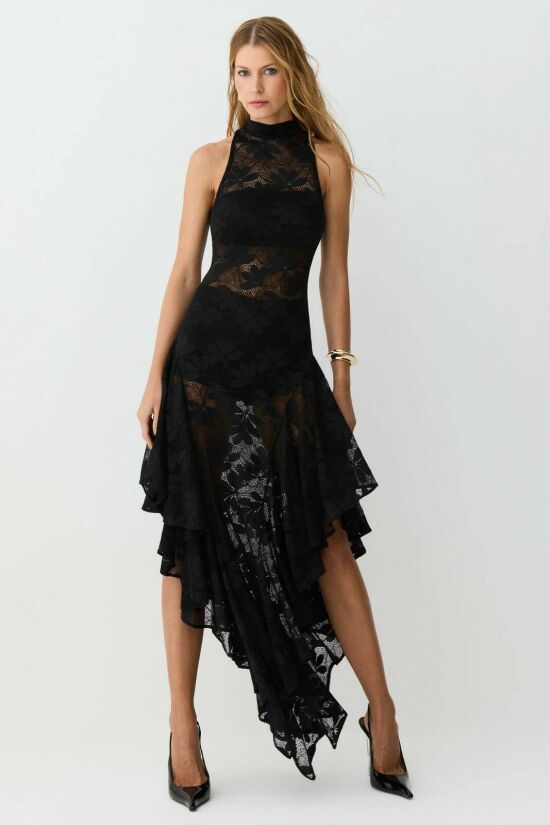 Imagem de Vestido Mídi Gola Alta Babados Barra Em Renda Preto Zen